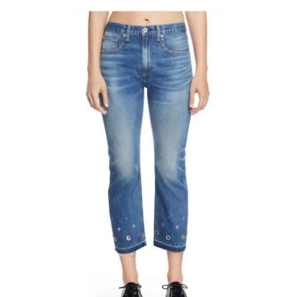 Rag & Bone Cropped Jeans Studded Grommet Straight Leg Eyelet Raw Hem Denim Sz 26